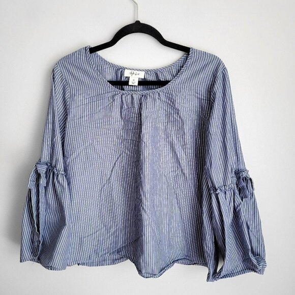 Style & Co Cotton Blue Striped Flare Bell Sleeves Boho Beachy Scoop Neck Top - Picture 1 of 6